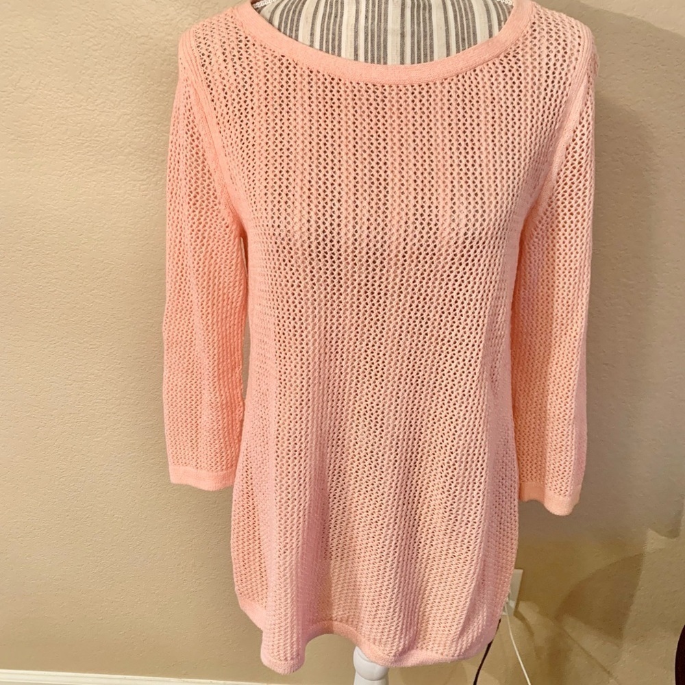 Talbots Sweater Small Coral Knit Crochet design Long BoatNeck 3/4 Sleeve Slits